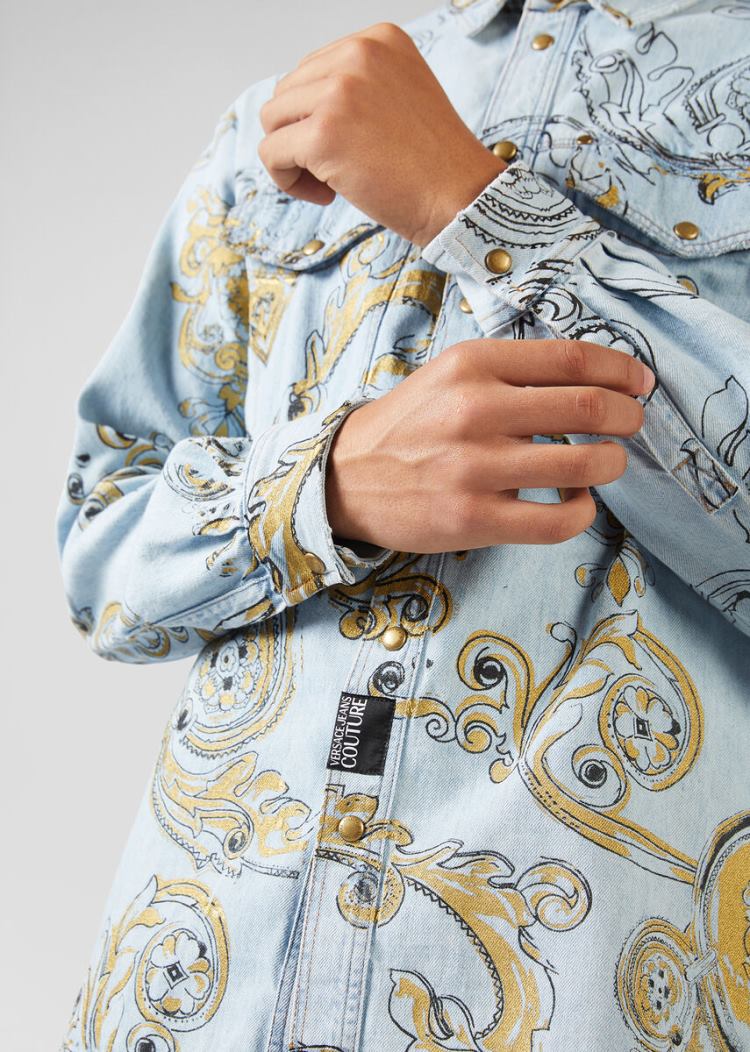 Versace Jeans Couture Ink and Gold Baroque Print Denim Shirt πουκαμισα Jeans Couture μπλε | U6ILVDQ