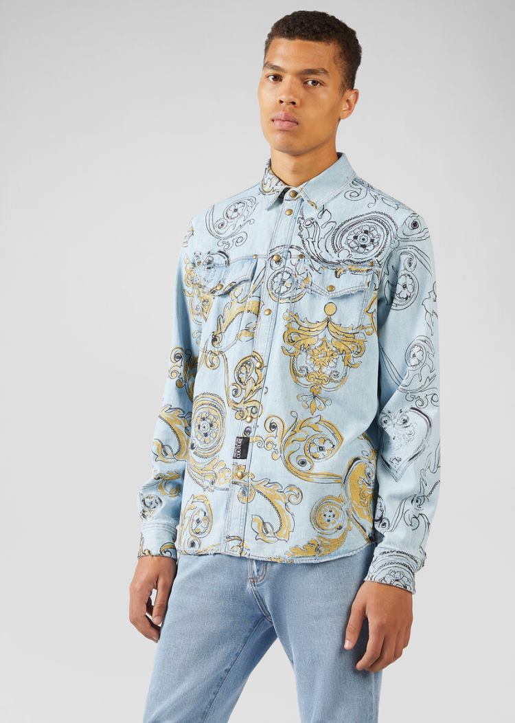 Versace Jeans Couture Ink and Gold Baroque Print Denim Shirt πουκαμισα Jeans Couture μπλε | U6ILVDQ