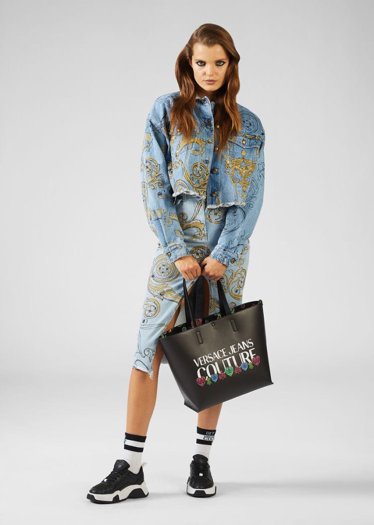 Versace Jeans Couture Ink and Gold Print Denim Jacket μπουφαν Jeans Couture μπλε | 6JWWKPZ