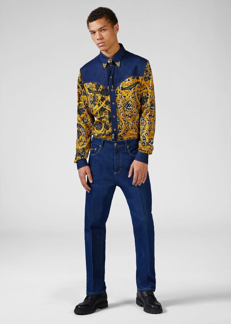Versace Jeans Couture Leo Chain Print Denim Shirt πουκαμισα Jeans Couture μαυρα | NKZTG5N
