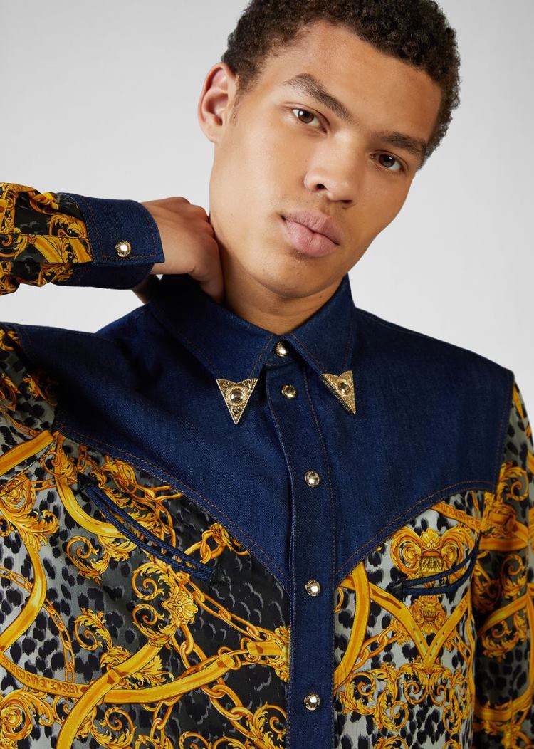 Versace Jeans Couture Leo Chain Print Denim Shirt πουκαμισα Jeans Couture μαυρα | NKZTG5N
