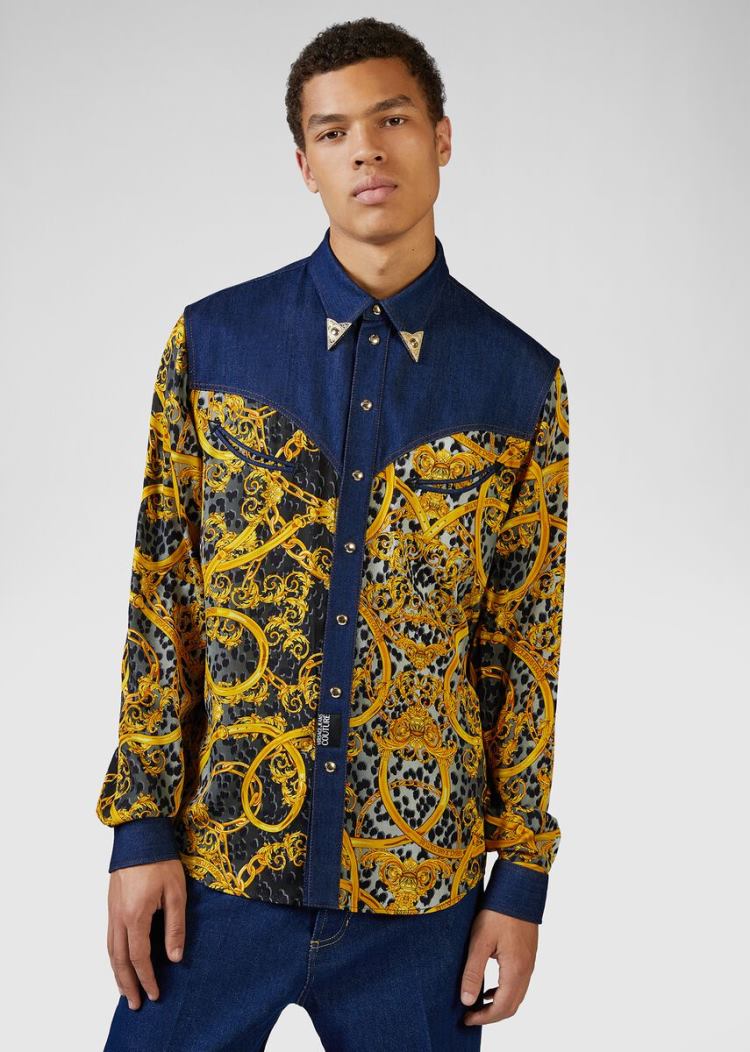 Versace Jeans Couture Leo Chain Print Denim Shirt πουκαμισα Jeans Couture μαυρα | NKZTG5N