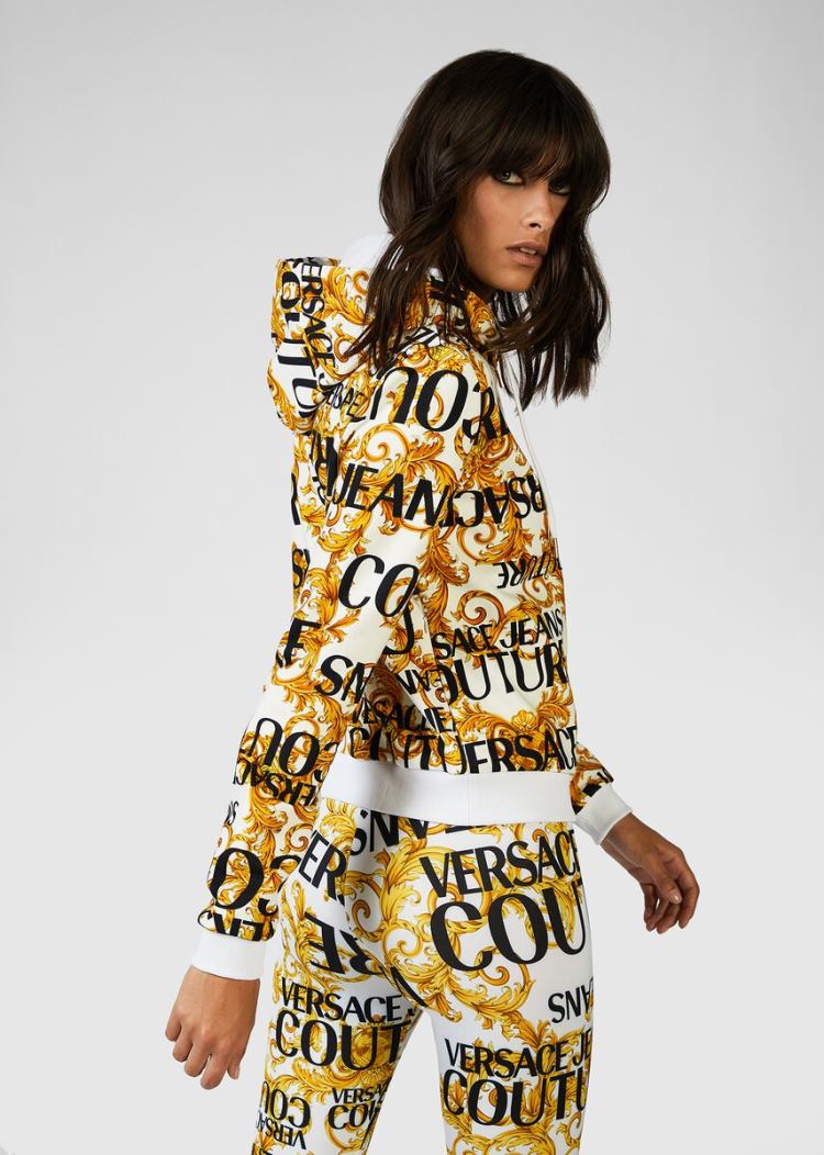 Versace Jeans Couture Logo Baroque Print Hoodie φουτερ με κουκουλα Jeans Couture ασπρα | K1SVCIY