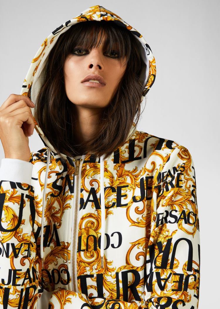 Versace Jeans Couture Logo Baroque Print Hoodie φουτερ με κουκουλα Jeans Couture ασπρα | K1SVCIY