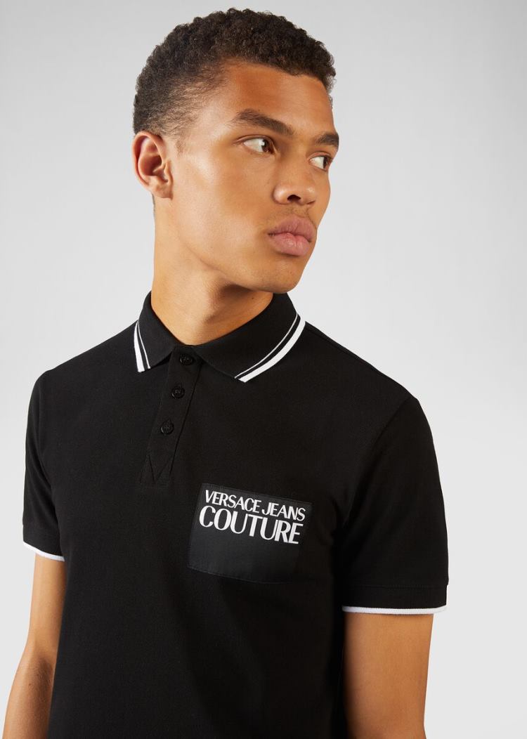 Versace Jeans Couture Logo Patch βαμβακερα Polo Shirt μπλουζακια πολο Jeans Couture μαυρα | TXSAD19