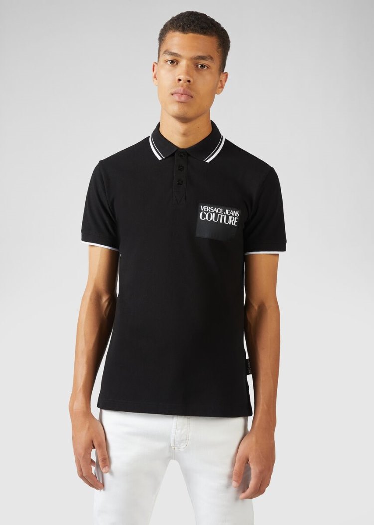 Versace Jeans Couture Logo Patch βαμβακερα Polo Shirt μπλουζακια πολο Jeans Couture μαυρα | TXSAD19