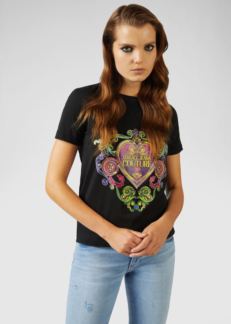 Versace Jeans Couture Multicolor Baroque Jewels Logo T Shirt μπλουζακια Jeans Couture μαυρα | G9YTO63