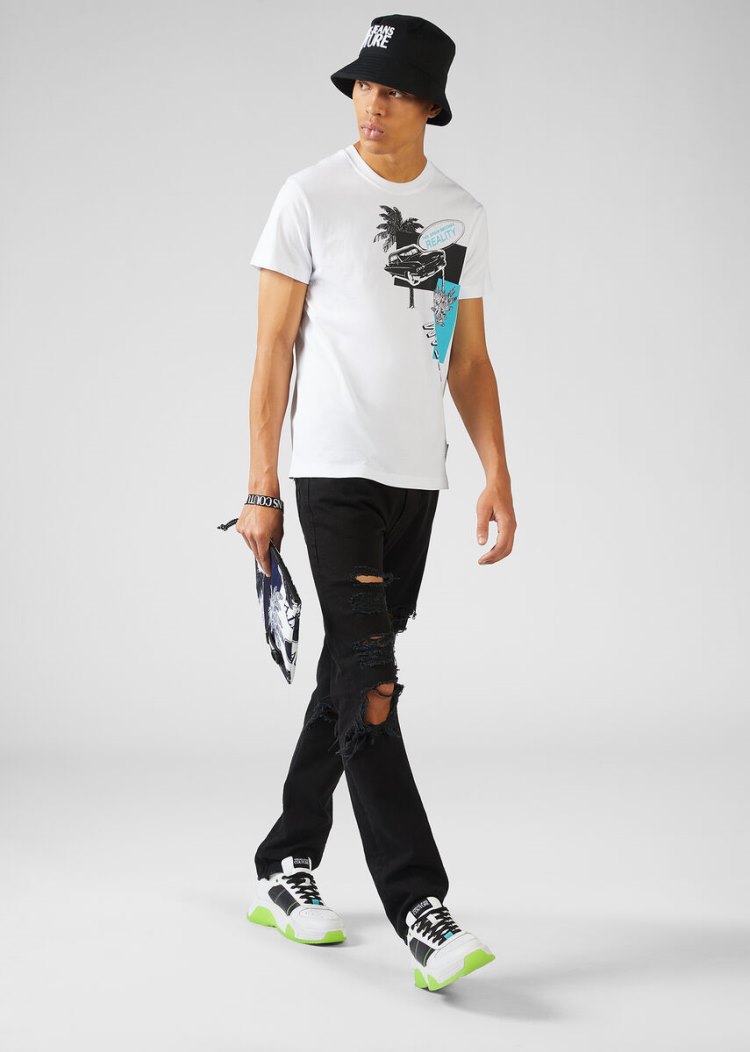 Versace Jeans Couture Palms and Cars Motif T Shirt μπλουζακια Jeans Couture ασπρα | 7HOUQPM