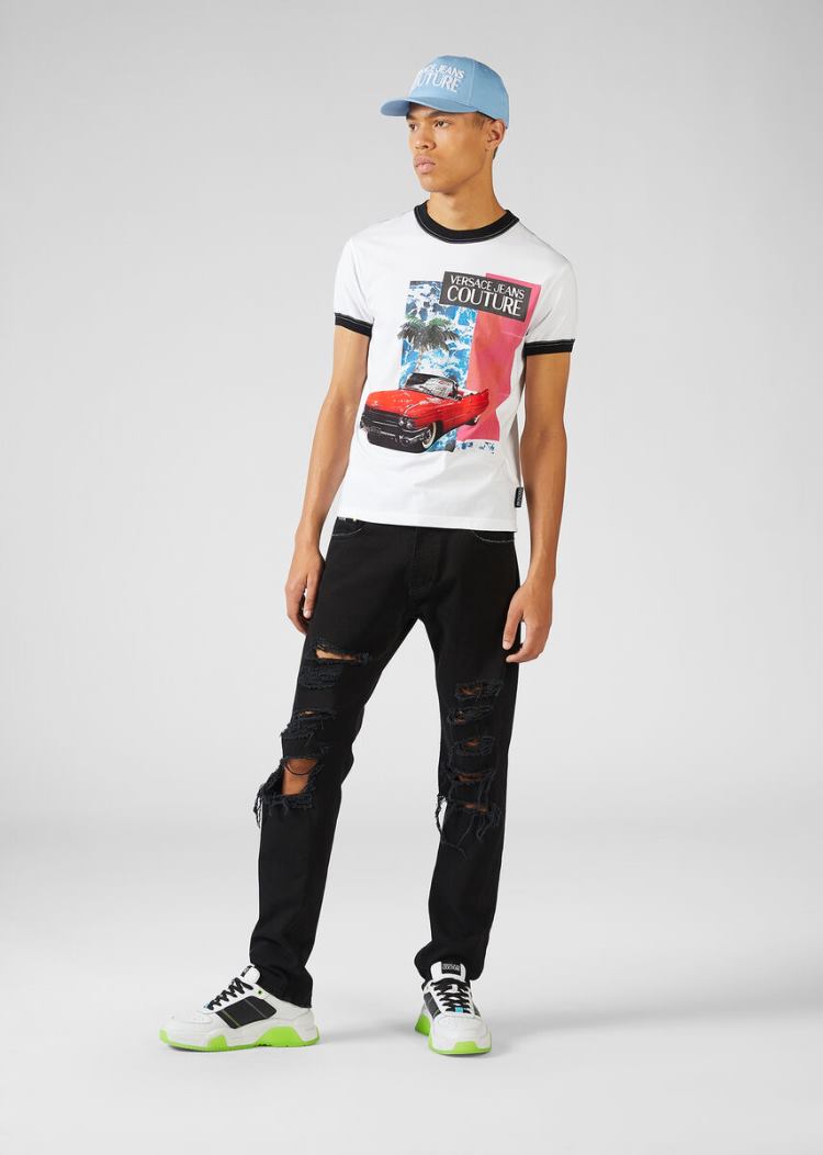 Versace Jeans Couture Palms and Cars Motif T Shirt μπλουζακια Jeans Couture ασπρα | PQ3XNPZ