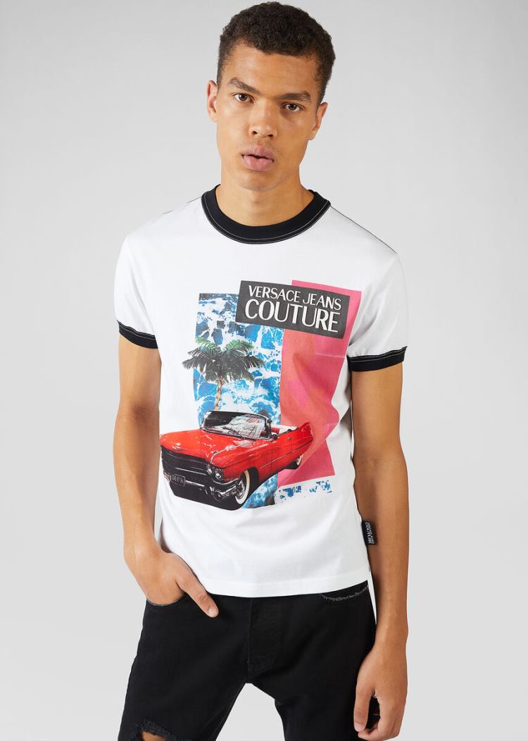 Versace Jeans Couture Palms and Cars Motif T Shirt μπλουζακια Jeans Couture ασπρα | PQ3XNPZ
