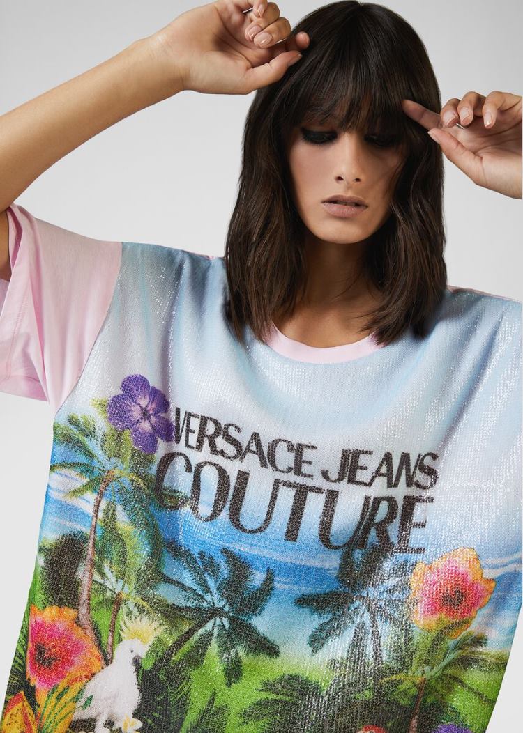 Versace Jeans Couture Sequined Tropical Island Motif T Shirt μπλουζακια Jeans Couture μπλε | FJG501U