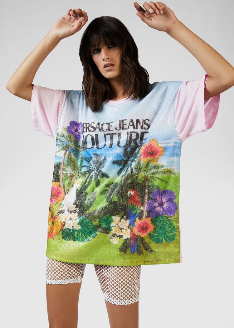 Versace Jeans Couture Sequined Tropical Island Motif T Shirt μπλουζακια Jeans Couture μπλε | FJG501U