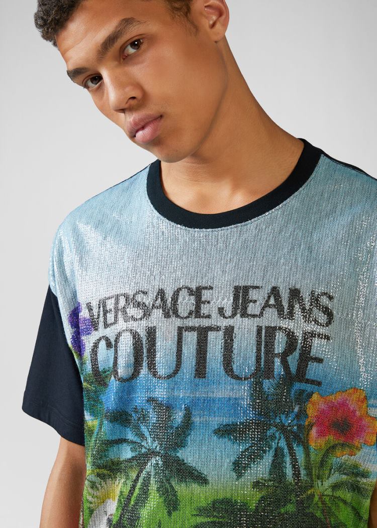 Versace Jeans Couture Sequined Tropical Island Print Motif T Shirt μπλουζακια Jeans Couture Πολύχρωμο | NMM8X1M