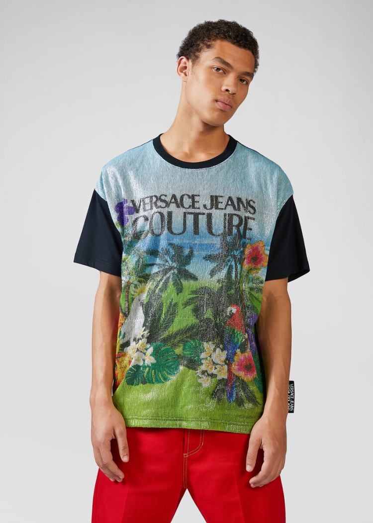 Versace Jeans Couture Sequined Tropical Island Print Motif T Shirt μπλουζακια Jeans Couture Πολύχρωμο | NMM8X1M