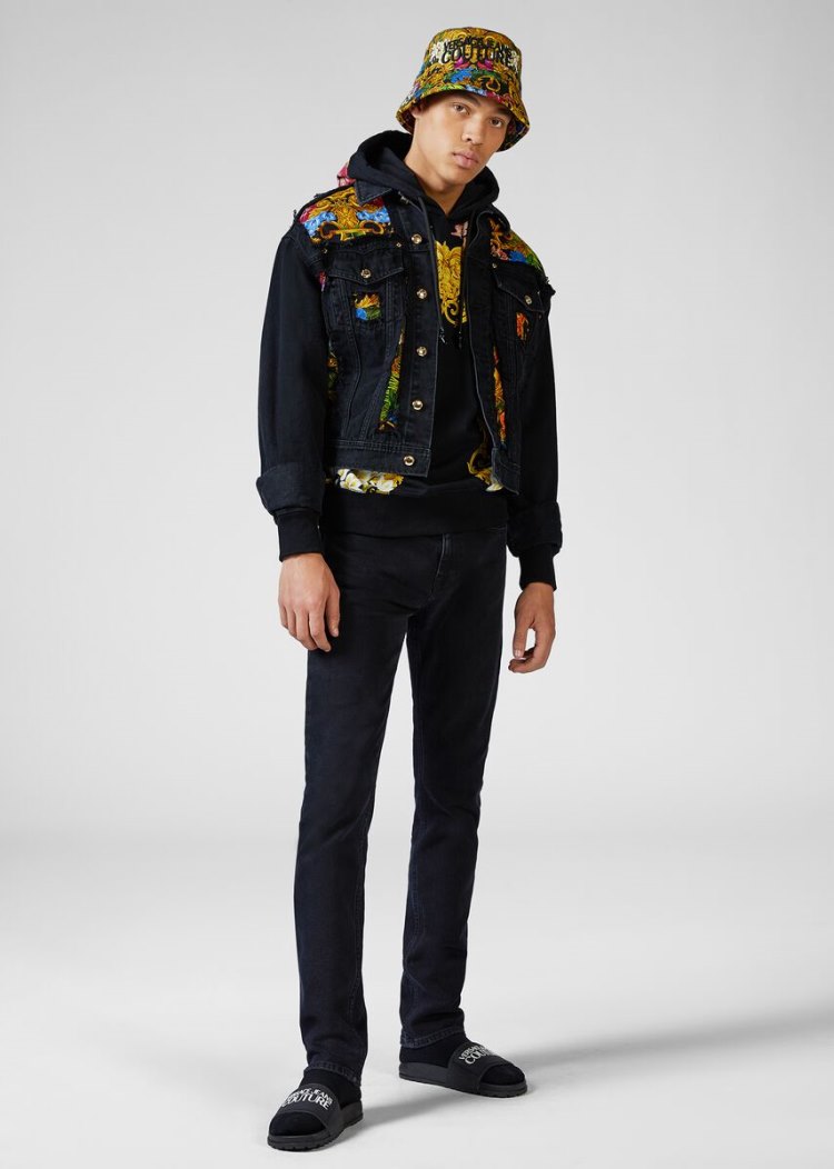 Versace Jeans Couture Tropical Baroque Insert Denim Jacket μπουφαν Jeans Couture μαυρα | 7CQNWLJ