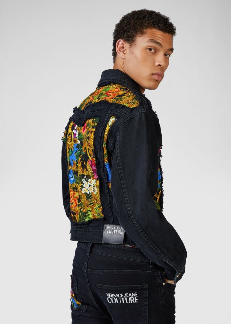Versace Jeans Couture Tropical Baroque Insert Denim Jacket μπουφαν Jeans Couture μαυρα | 7CQNWLJ