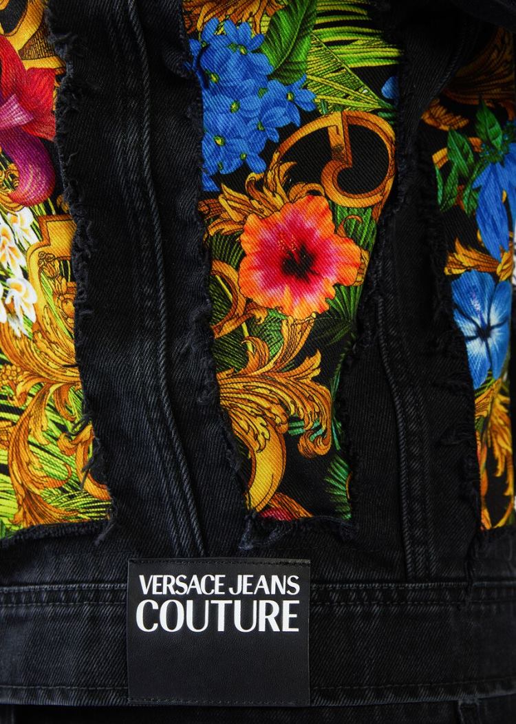 Versace Jeans Couture Tropical Baroque Insert Denim Jacket μπουφαν Jeans Couture μαυρα | 7CQNWLJ