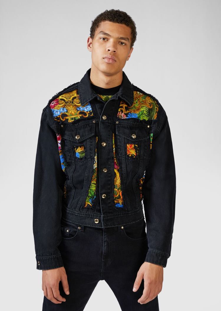 Versace Jeans Couture Tropical Baroque Insert Denim Jacket μπουφαν Jeans Couture μαυρα | 7CQNWLJ