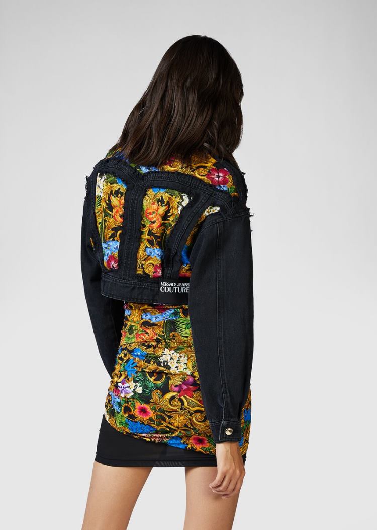 Versace Jeans Couture Tropical Baroque Insert Denim Jacket μπουφαν Jeans Couture μαυρα | AS1POVE