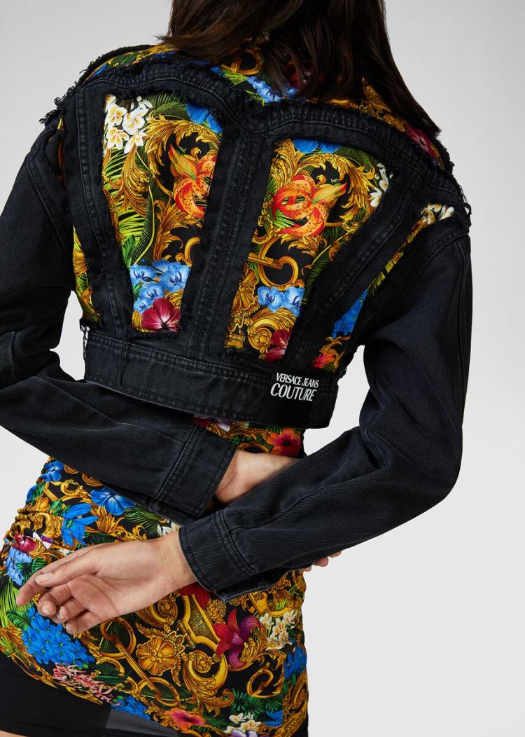 Versace Jeans Couture Tropical Baroque Insert Denim Jacket μπουφαν Jeans Couture μαυρα | AS1POVE