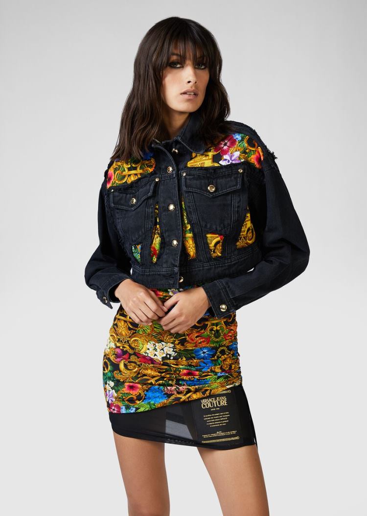 Versace Jeans Couture Tropical Baroque Insert Denim Jacket μπουφαν Jeans Couture μαυρα | AS1POVE