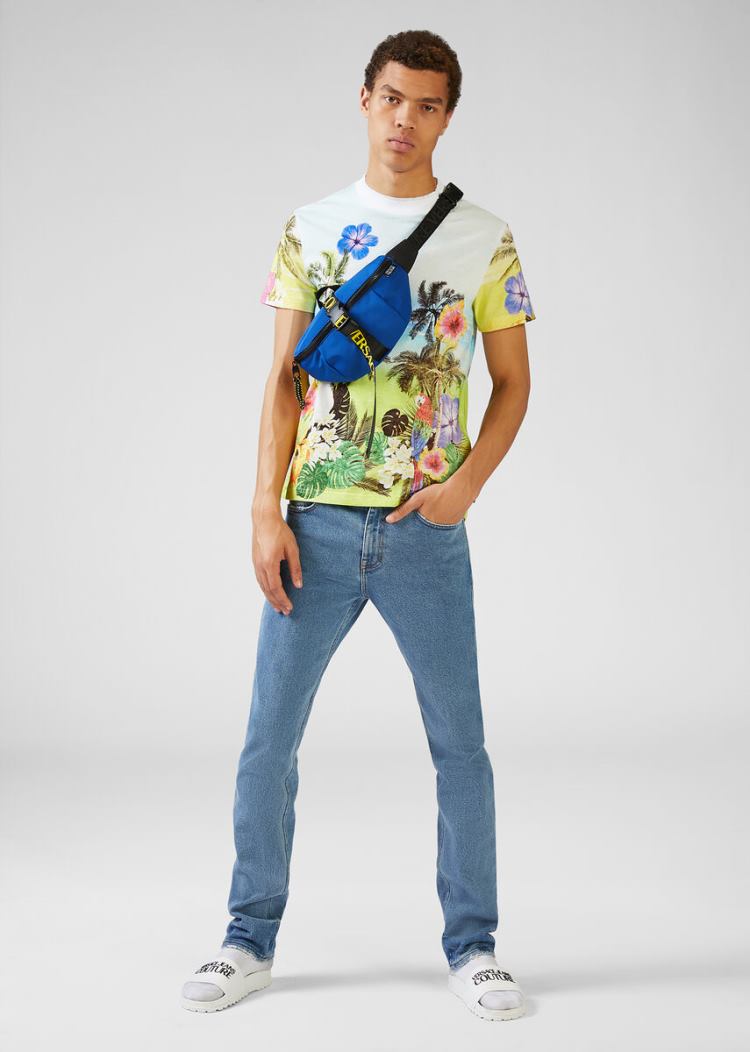 Versace Jeans Couture Tropical Island Print T Shirt μπλουζακια Jeans Couture μπλε | P8QTNY9