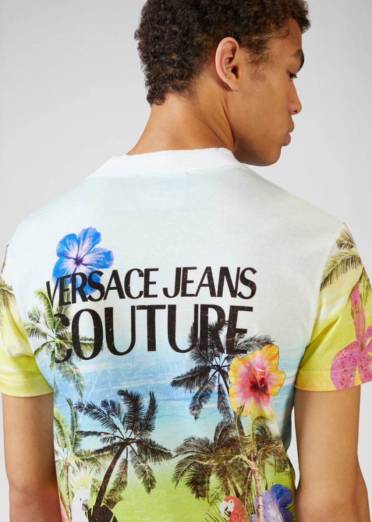 Versace Jeans Couture Tropical Island Print T Shirt μπλουζακια Jeans Couture μπλε | P8QTNY9