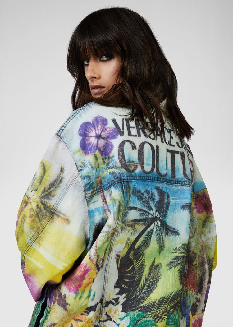 Versace Jeans Couture Tropical Parrots Print Denim Jacket μπουφαν Jeans Couture μπλε | H50QYXP