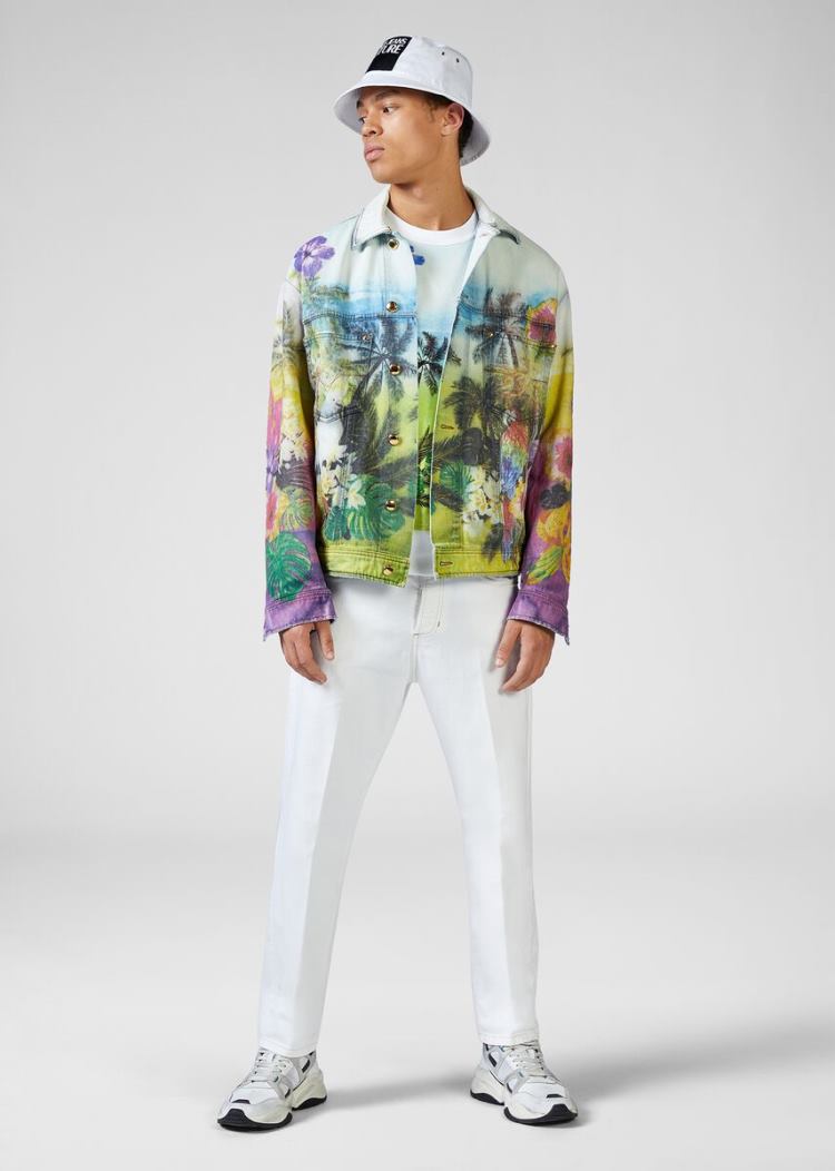 Versace Jeans Couture Tropical Parrots Print Denim Jacket μπουφαν Jeans Couture μπλε | H50QYXP