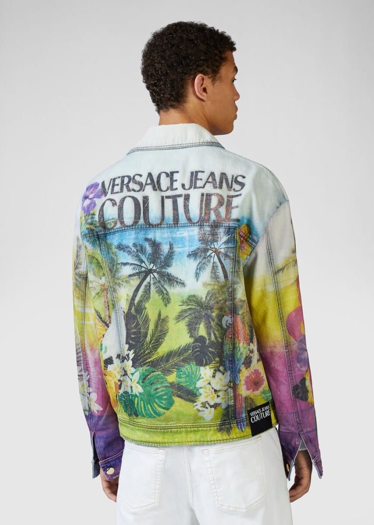 Versace Jeans Couture Tropical Parrots Print Denim Jacket μπουφαν Jeans Couture μπλε | H50QYXP