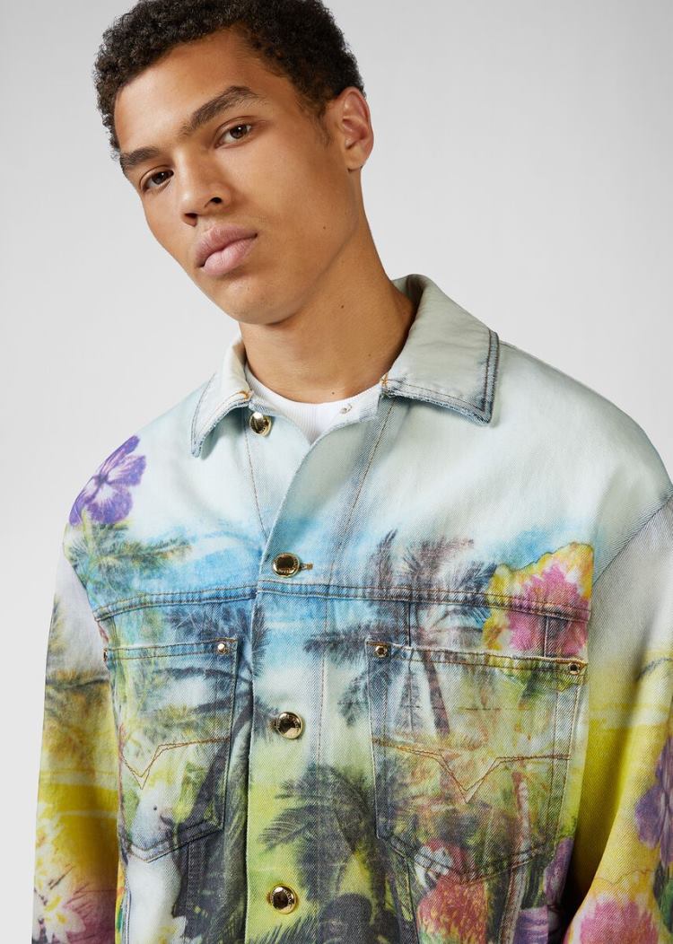 Versace Jeans Couture Tropical Parrots Print Denim Jacket μπουφαν Jeans Couture μπλε | H50QYXP