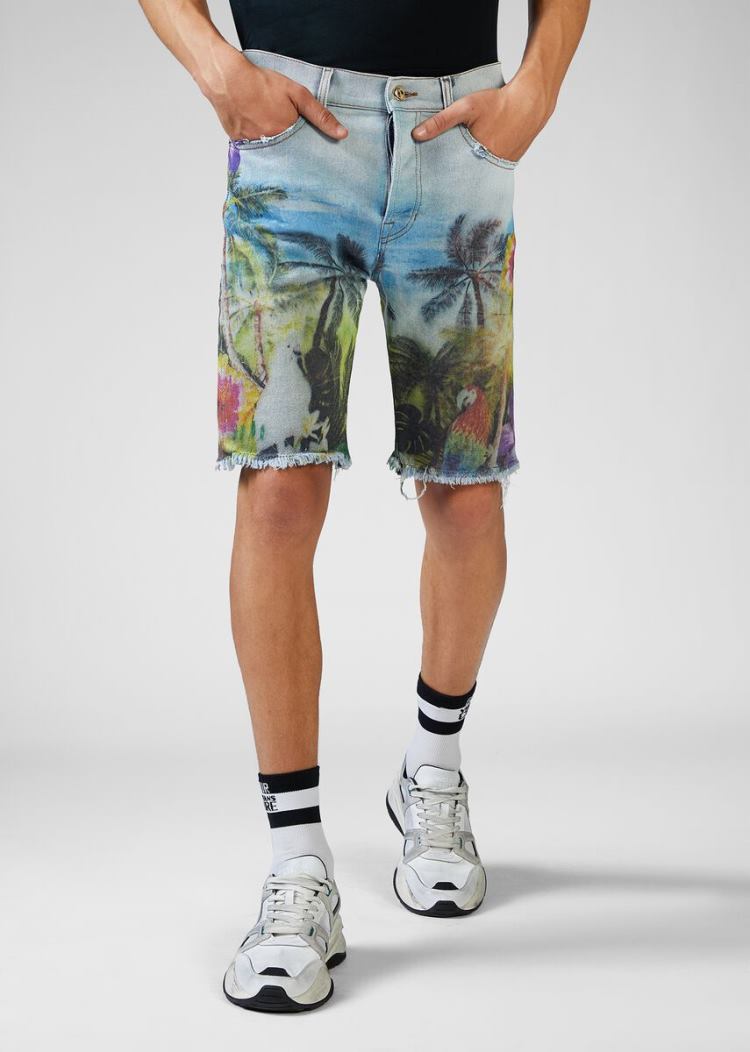 Versace Jeans Couture Tropical Parrots Print Denim Shorts σορτσ Jeans Couture μπλε | IM6PYX4