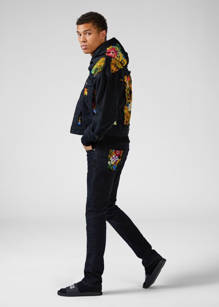 Versace Jeans Couture Tropical Parrots Pocket Jeans τζιν παντελονι Jeans Couture μαυρα | M7FZ3TB