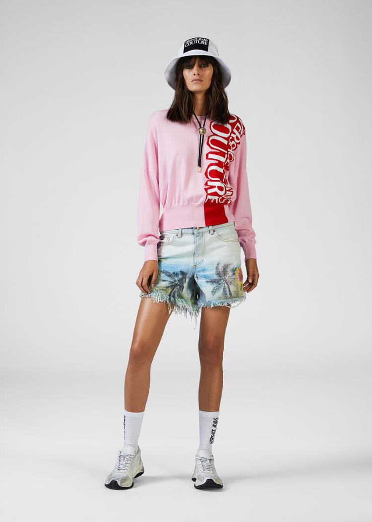 Versace Jeans Couture Tropical Parrots Print Denim Shorts σορτσ Jeans Couture μπλε | NVAWEZH