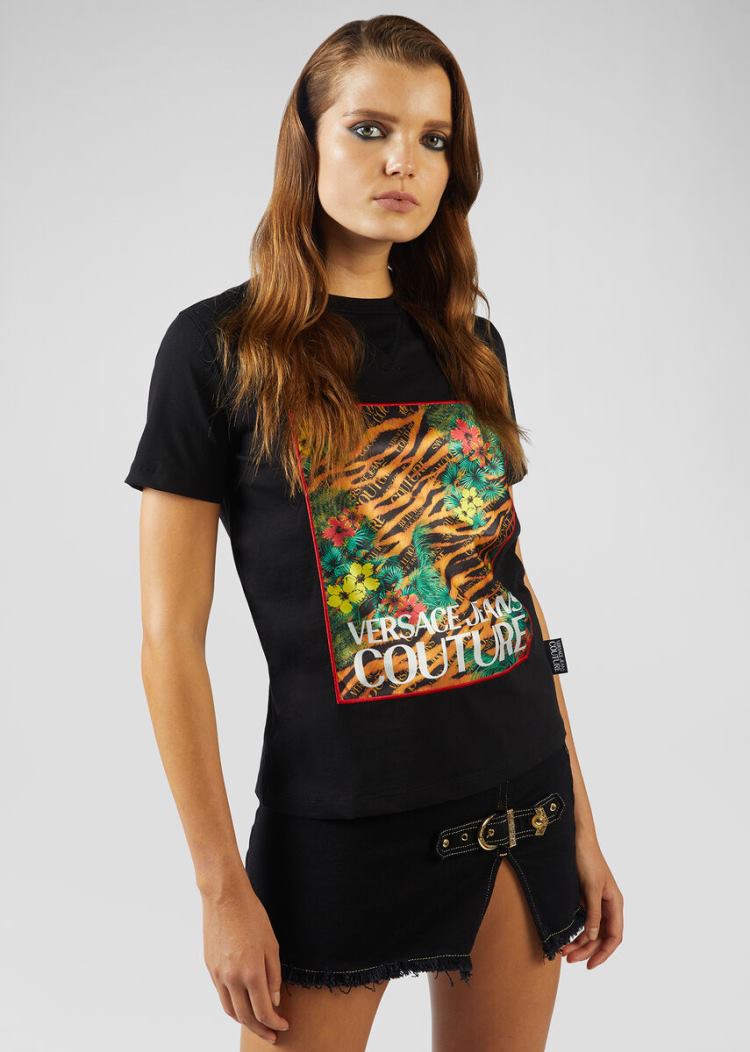 Versace Jeans Couture Tropical Tiger Print T Shirt μπλουζακια Jeans Couture μαυρα | 8WHYTRQ
