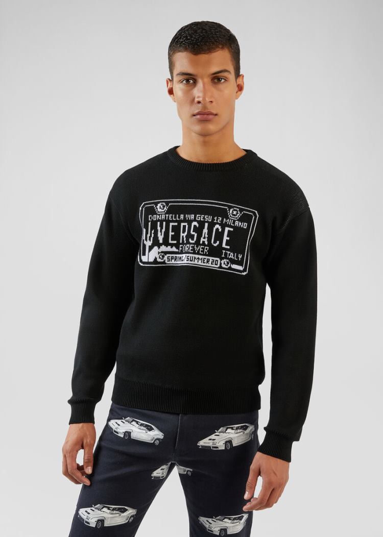 Versace License Plate Logo Jacquard πουλοβερ Πουλόβερ ανδρικα μαυρα | 2W48TC4