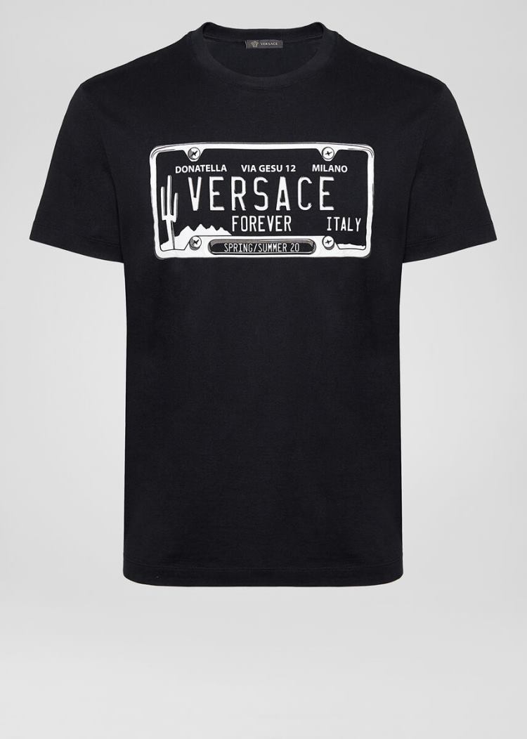Versace License Plate Logo T Shirt μπλουζακια ανδρικα μαυρα | 812Q9RP