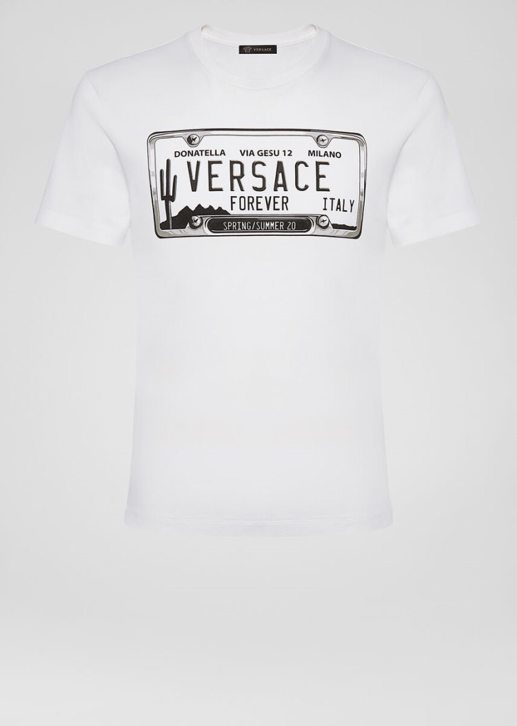 Versace License Plate Logo T Shirt μπλουζακια ανδρικα ασπρα | EVQDKGK