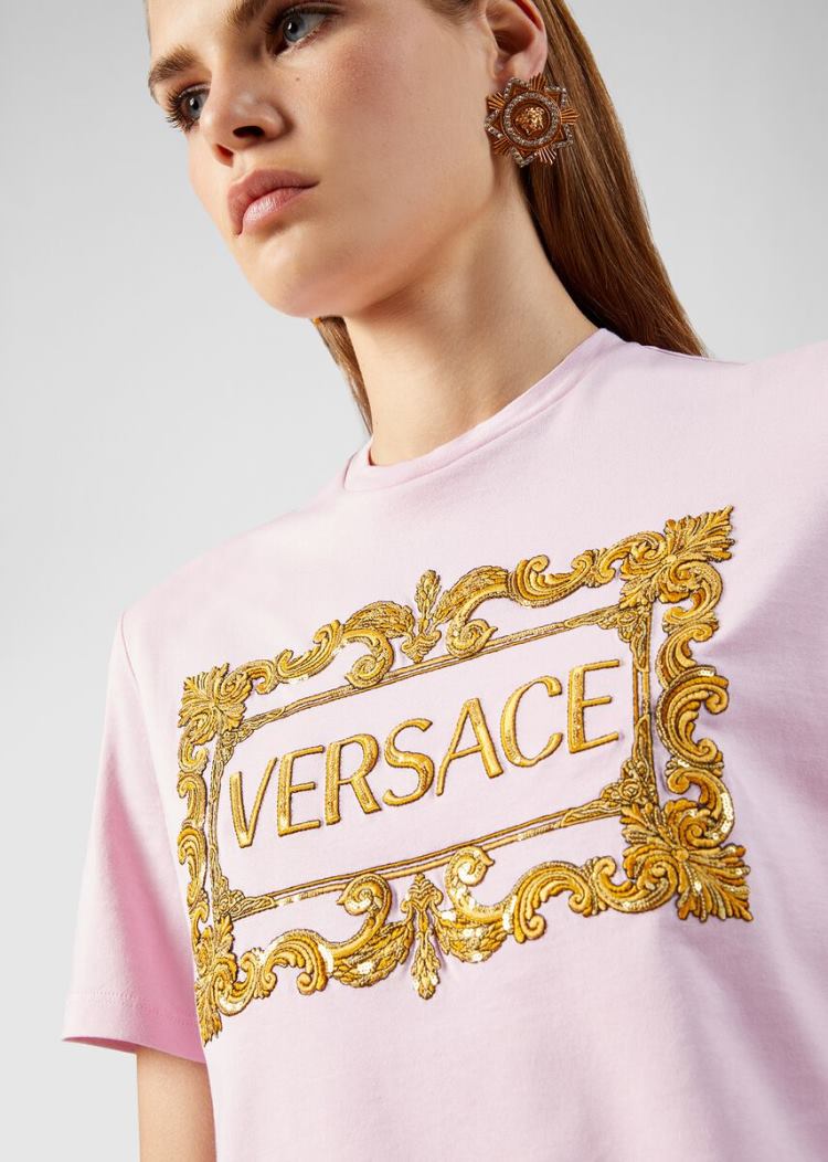 Versace Logo T Shirt μπλουζακια γυναικεια ροζ χρυσο χρωμα | NB3XQDE