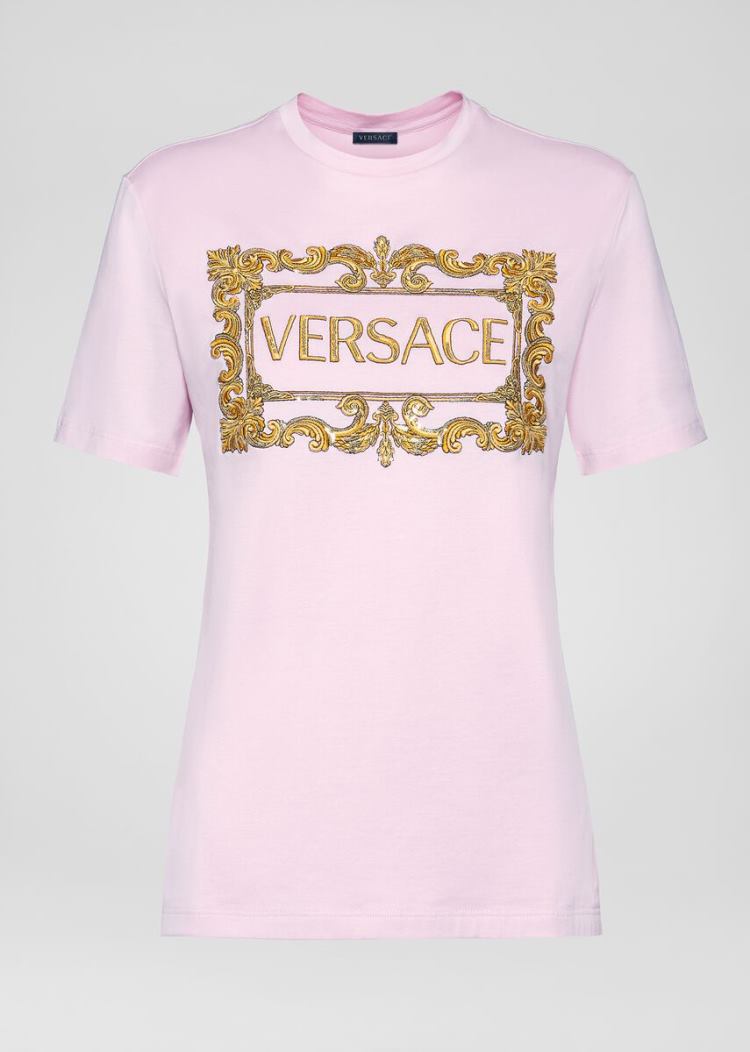 Versace Logo T Shirt μπλουζακια γυναικεια ροζ χρυσο χρωμα | NB3XQDE