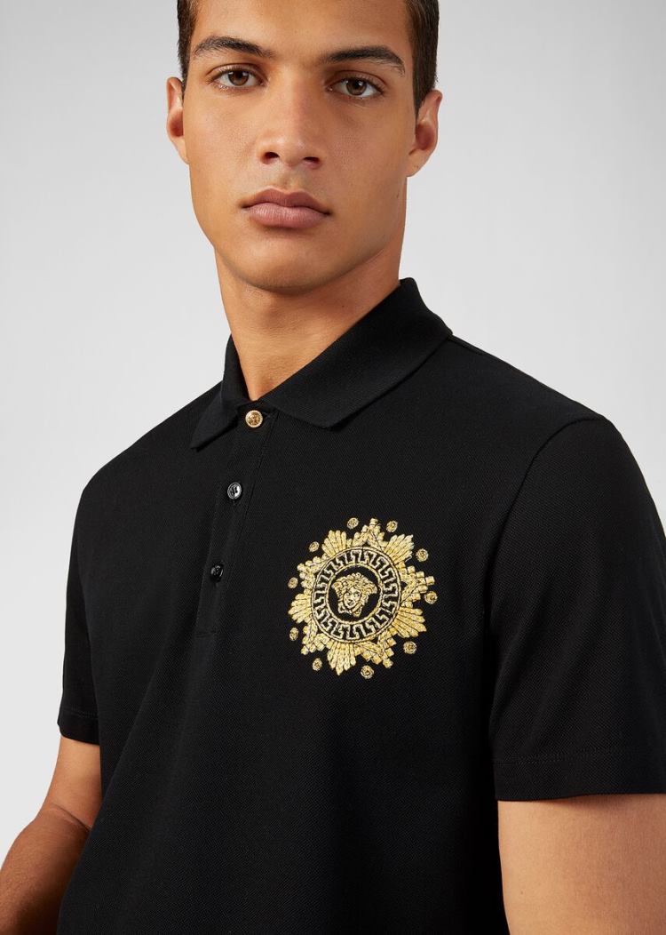 Versace Medusa Embroidered Polo Shirt μπλουζακια πολο ανδρικα μαυρα | 9UPG0E9