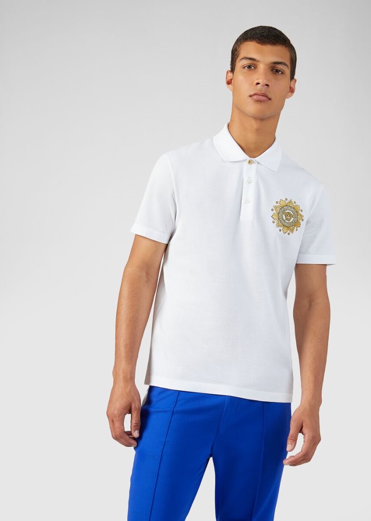 Versace Medusa Embroidered Polo Shirt μπλουζακια πολο ανδρικα ασπρα χρυσο χρωμα | NFJA1JL