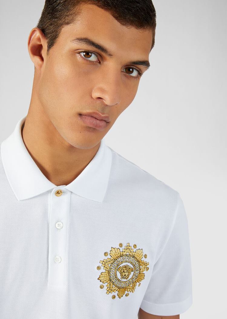 Versace Medusa Embroidered Polo Shirt μπλουζακια πολο ανδρικα ασπρα χρυσο χρωμα | NFJA1JL