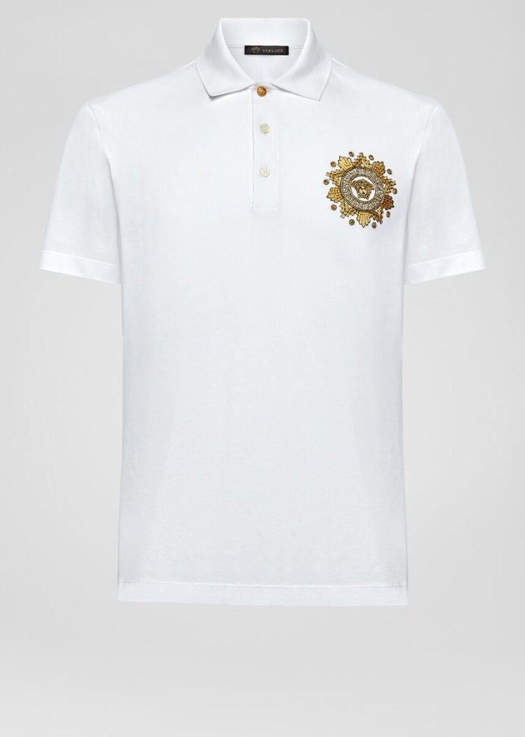Versace Medusa Embroidered Polo Shirt μπλουζακια πολο ανδρικα ασπρα χρυσο χρωμα | NFJA1JL