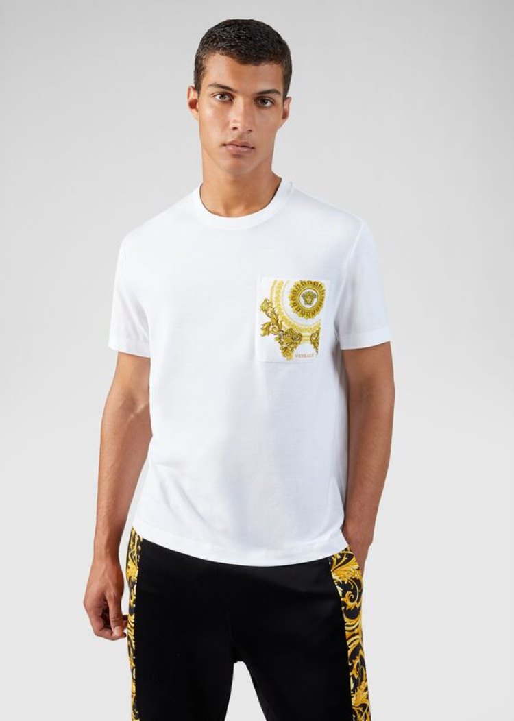 Versace Medusa Embroidered T Shirt μπλουζακια ανδρικα ασπρα χρυσο χρωμα | 6G2NKOH