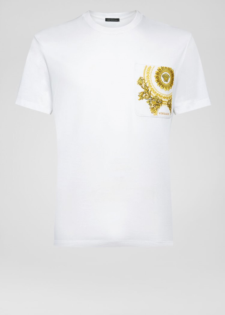 Versace Medusa Embroidered T Shirt μπλουζακια ανδρικα ασπρα χρυσο χρωμα | 6G2NKOH