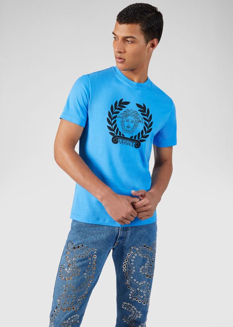 Versace Medusa Print T Shirt μπλουζακια ανδρικα μπλε | B9Q91G3