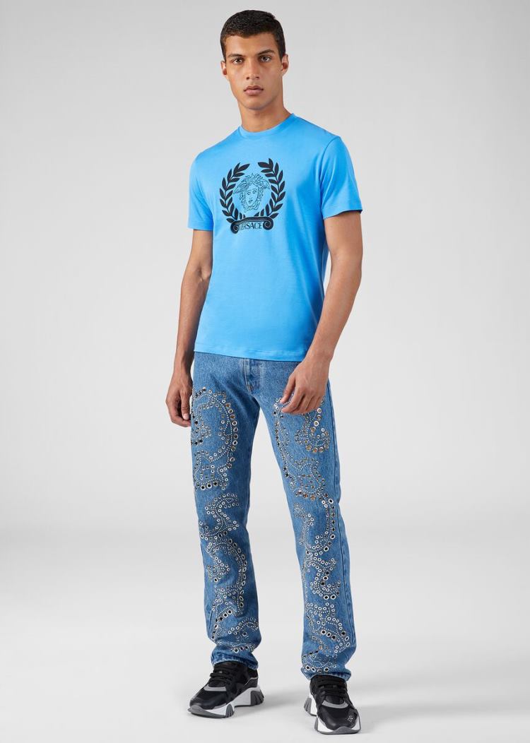Versace Medusa Print T Shirt μπλουζακια ανδρικα μπλε | B9Q91G3