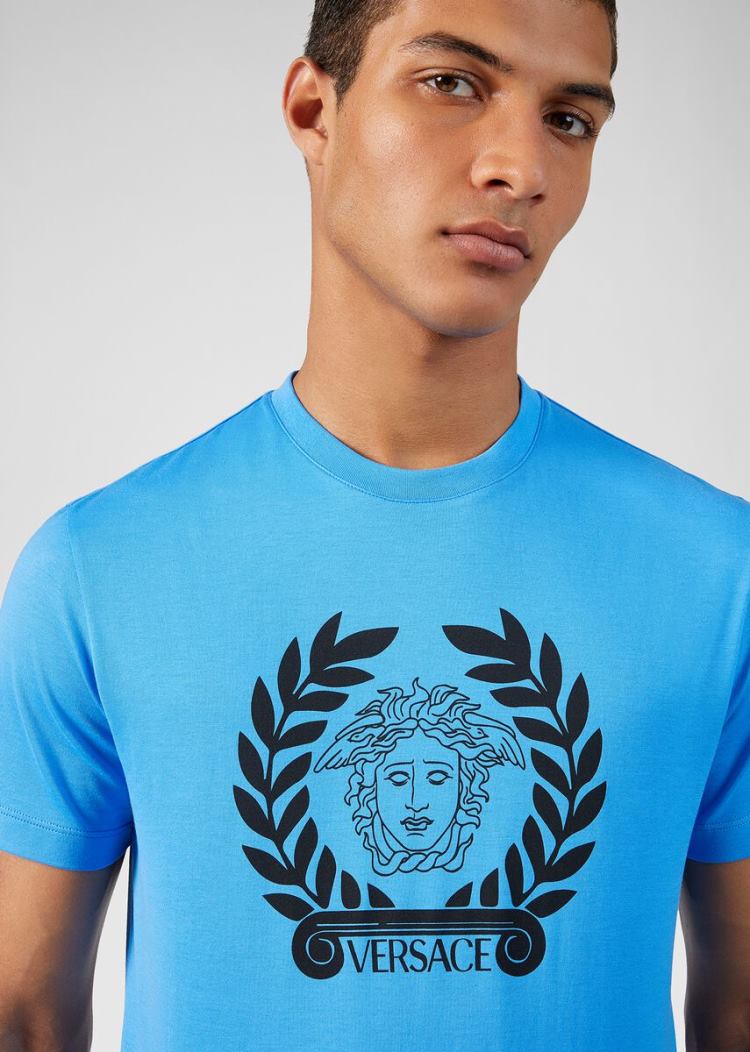 Versace Medusa Print T Shirt μπλουζακια ανδρικα μπλε | B9Q91G3