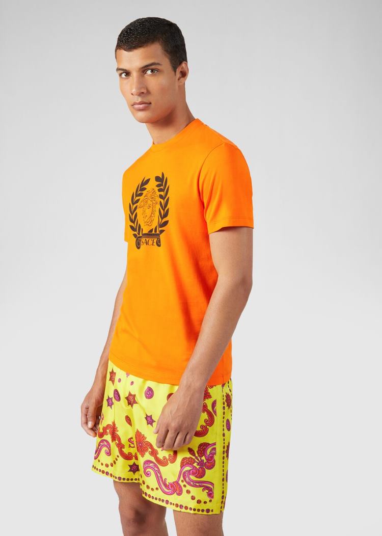 Versace Medusa Print T Shirt μπλουζακια ανδρικα πορτοκαλι | C3U9IS7